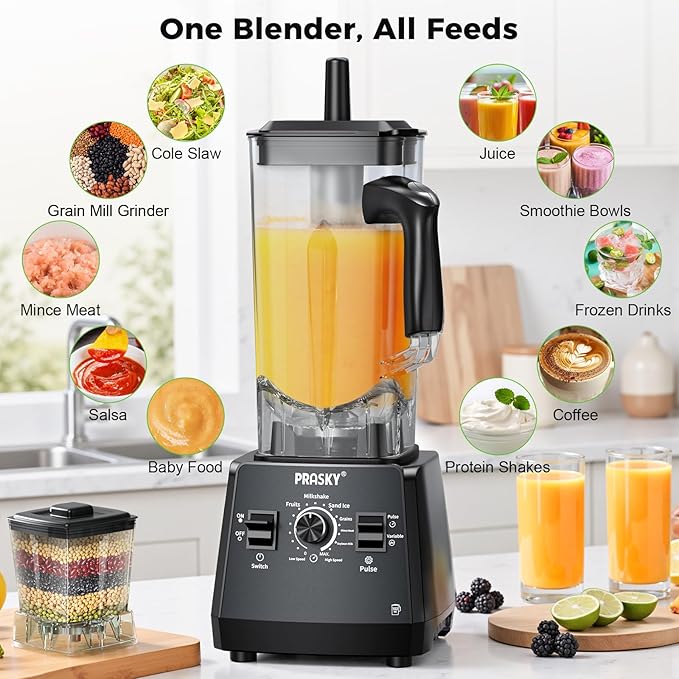 Blenders for Kitchen, Smoothie Blender, 2400W PRASKY Countertop Blender with 101oz Juice & Grinder Jar, BPA-Free, 25000 RPM Blender for Smoothies, Ice, Frozen Fruit (Gray, 3L)