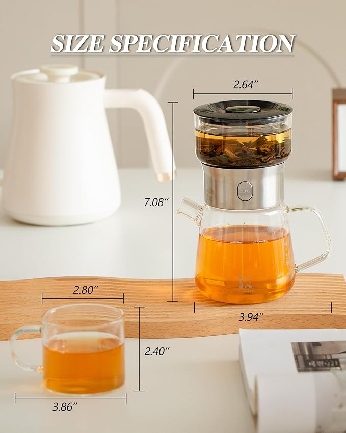 ZENS Modern Glass Tea Infuser Teapot Set, Smart One Touch Tea Maker for Loose Tea Diffusers with 2 Gongfu Cups, Cool Enchanted Tea Pot Alternatives for Black Tea Lovers Gifts-400ml