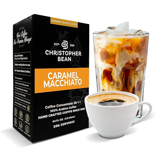 Christopher Bean Coffee - 396 servings, 30 to 1 Blend Bag in Box Liquid Instant Coffee or Cold Brew Coffee Concentrate - Hot or Iced Coffee - Caramel Macchiato