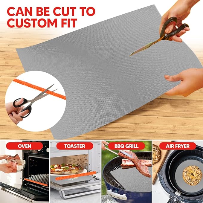 Oven Liners for Bottom of Oven Silver (2-pack) Bundled with Rack Shield (2-pack) - Large Mat for Bottom of Stove (17"x 25") and 14" Orange Range Guards for Racks - Reusable & Heat Resistant
