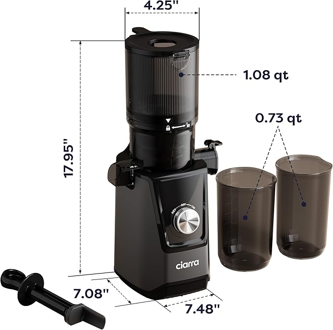 Ciarra Cold Press Juicer - 4.3” XL Feed Chute, Quiet Motor, 406Oz BPA-Free Juicer Machines, 90% Juice Yield Slow Masticating Juicer for Whole Fruits & Vegetables, Easy to Clean