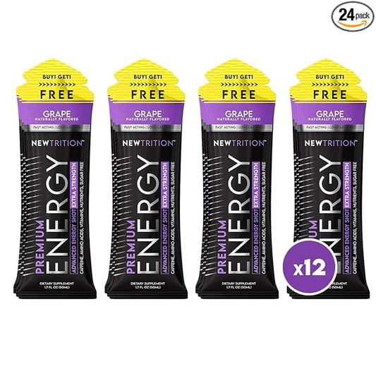NewTrition® Extra Strength Energy Shots, 250mg Caffeine Energy Shots with Vitamin B & Amino Acids, Sugar-Free Vitamin Energy Shot, 1.7 fl oz (Pack of 12, Grape)