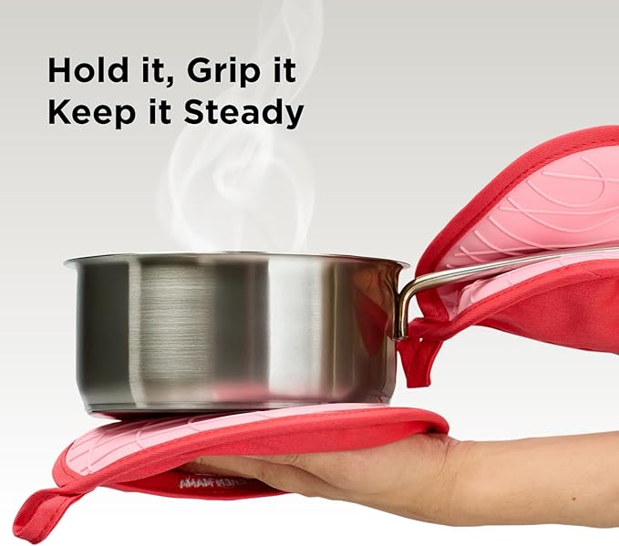 Kitchen Mama Silicone Pot Holders - Heat Resistant, Non-Slip Surface, Dual Pocket Design with Soft Cotton Lining, Safe, Durable, Stylish, Practical for Everyday Use Hot Oven, Bowl, Pan (Metal Gray)