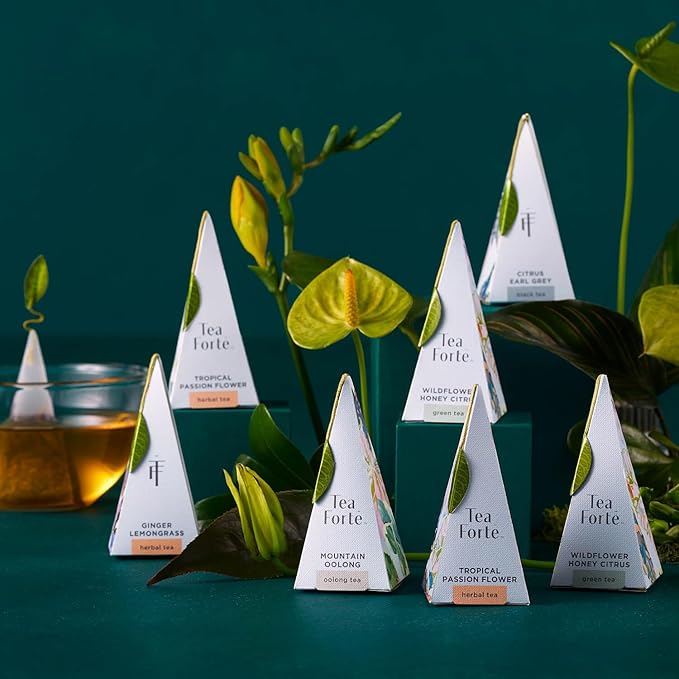 Tea Forte Demoiselle Petite Presentation Box Tea Gift Set Sampler, 10 Count, 2 of Each Variety Individually Wrapped Handcrafted Pyramid Infuser Bags