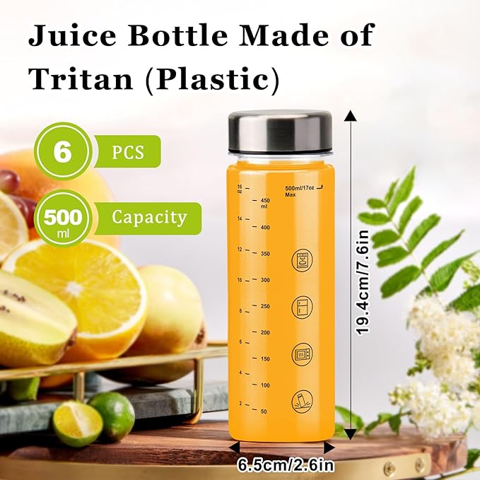 6 Pack Juice Bottles with Caps - Wide Mouth Resuable Clear Plastic Water Bottles for Juicing,Smoothie,Protein, Beverage,Storage Containers,BPA Free,Leakproof Stainless Steel Lid(16 Ounces)