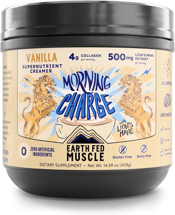 Earth Fed Muscle Morning Charge Protein Coffee Creamer with Collagen & Lion’s Mane – Organic Coffee Creamer with Adaptogenic Mushrooms – Dairy-Free, Soy-Free, Gluten-Free – 24 Serving