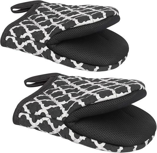 1 Pair Short Oven Mitts, Heat Resistant Silicone Kitchen Mini Oven Mitts for 500 Degrees, Non-Slip Grip Surfaces and Hanging Loop Gloves, Baking Grilling Barbecue Microwave Machine Washable