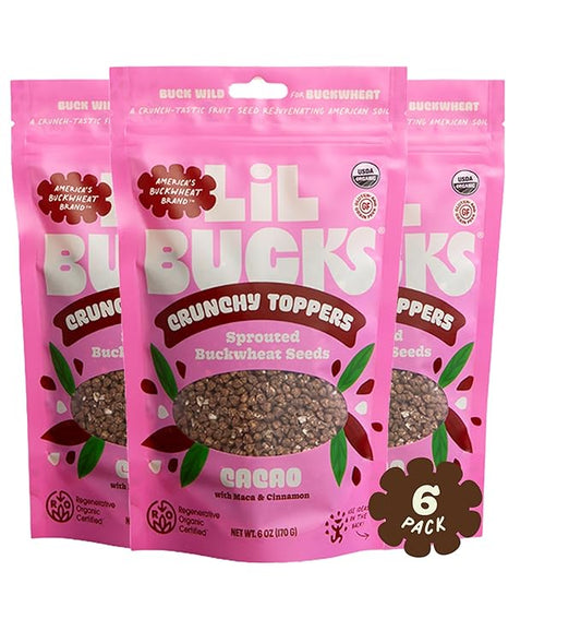 Lil Bucks Sprouted Regeneratively Grown Buckwheat Seeds– Paleo Cereal, Gluten-Free Granola, High in Protein, Low Sugar, Organic Superseed Crunch (CACAO, 6 Pack)