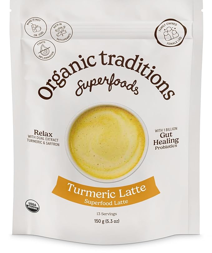 Organic Traditions Turmeric Latte – Creamy Coconut Milk Base – Saffron & Turmeric Blend – Easy to Mix – Sweetened with Coconut Palm Sugar – 1 Billion Probiotics per Serving - 150g/5.3oz Bag