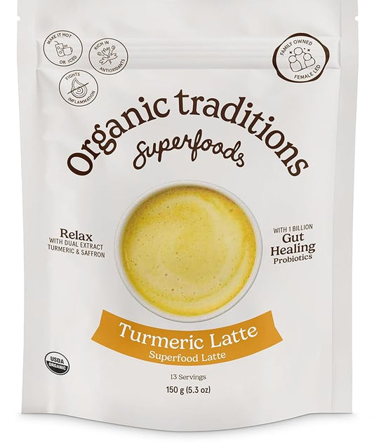 Organic Traditions Turmeric Latte – Creamy Coconut Milk Base – Saffron & Turmeric Blend – Easy to Mix – Sweetened with Coconut Palm Sugar – 1 Billion Probiotics per Serving - 150g/5.3oz Bag