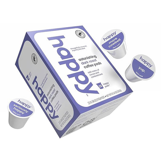happy coffee dark roast coffee pods, 22 count, notes of cocoa & contentment, compatible with most K-cup brewers, rainforest alliance certified