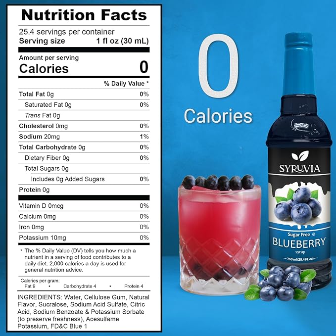 Syruvia Sugar-Free Blueberry Syrup, Flavored Syrup for Drinks, Cocktails, Lemonades, Iced Teas, and Desserts – 25.4 fl oz