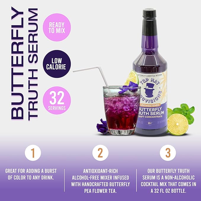 Top Hat Butterfly Truth Serum - Butterfly Pea Floral Extract - Blue Flower Tea Tincture - Blue Bitters - Unsweetened - Non-Alcoholic - Make Drinks Blue and Indigo Purple - 32oz Bottle