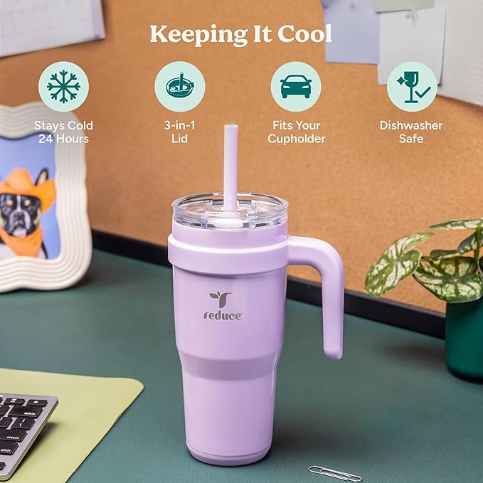 REDUCE 24 oz Tumbler with Handle - Vacuum Insulated Stainless Steel Travel Mug with Sip-It-Your-Way Lid and Straw - Keeps Drinks Cold up to 24 Hours - Sweat Proof, Dishwasher Safe - OG Papaya