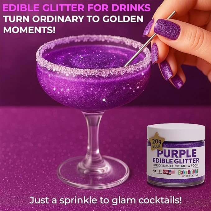 Bulk 20g Purple Edible Glitter for Drinks | Premium Edible Glitter for Cakes, Cocktails, Purple Cake Decorating Decorations Food Grade, Vegan, Kosher, Halal, Gluten Free - Made in USA
