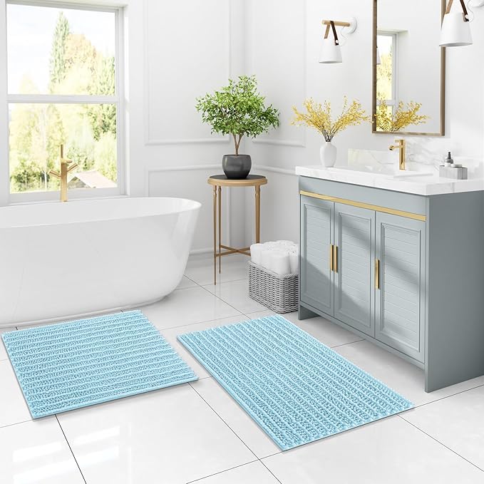 Arotive Luxury Chenille Bathroom Rug Mat, Extra Soft Thick Absorbent Shaggy Bath Rugs, Non-Slip Machine Wash Dry, Plush Bath Mats for Bathroom, Shower and Tub, 54x24, Blue