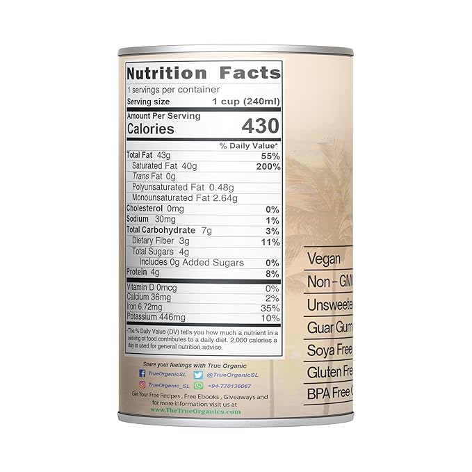 True Organic Unsweetened Coconut Milk 13.5 Fl oz - No Guar Gum, Gluten-Free, Vegan and Kosher - 18% Coconut Milk Fat (12-Pack)