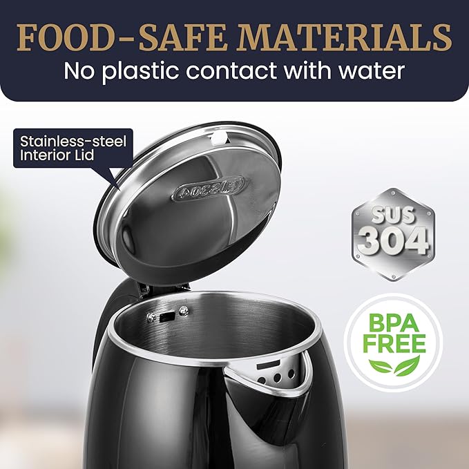 Elite Gourmet EKT1821 1.8L Double Wall Insulated, Cool-Touch 1500W Kettle w/Stainless Steel Interior & Lid, 360° Swivel Base for Cord Free Serving, Power On Lever, Auto Shut-Off, Boil Dry, Black