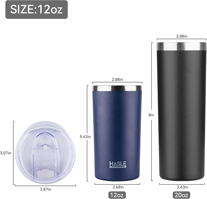 HASLE OUTFITTERS 12 oz Skinny Tumbler, Stainless Steel Insulated Slim Tumbler set bulk with Lid, Reusable Double Wall Travel Coffee Mug, Durable Powder Coated Travel Water Cup(Navy,12)