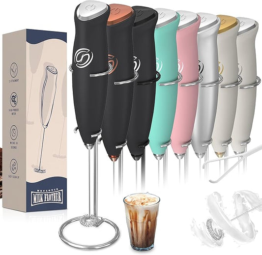 Milk Frother With Stand Handheld Frother Wand Drink Mixer Handheld Coffee Stirrers Electric Frother for Coffee Mixer Wand with 2 Whisk frother for protein powder-Black