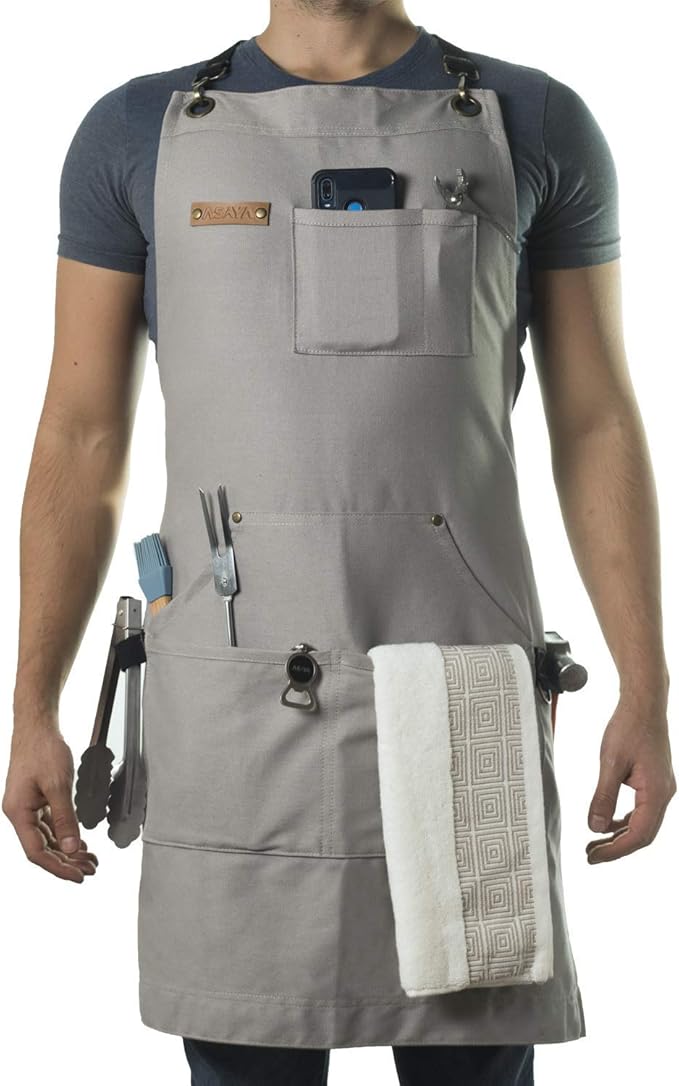 Asaya Chef and BBQ Apron with Bottle Opener and Hand Towel - 10oz Cotton Canvas, Stainless Steel Hardware - Cross Back Straps