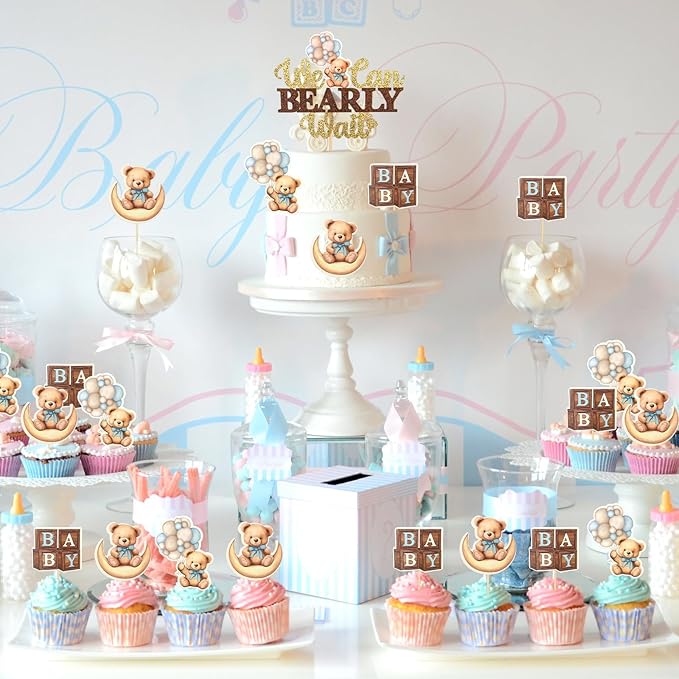 MEMOVAN Bear Baby Shower Cupcake Topper 25pcs We Can Bearly Wait Cake Cupcake Topper Bear Cake Cupcake Decoration for Baby Boy We Can Bearly Wait Bear Theme Birthday Baby Shower Gender Reveal Party