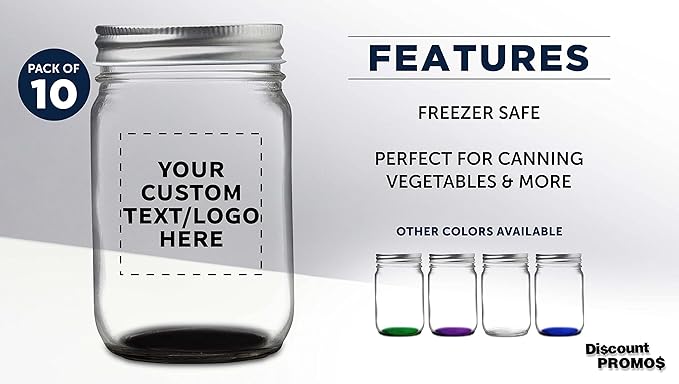 DISCOUNT PROMOS 10 Decorating Mason Jars Set, 12 oz. - Customizable Text, Logo - Canning, Aluminum Lid - Black