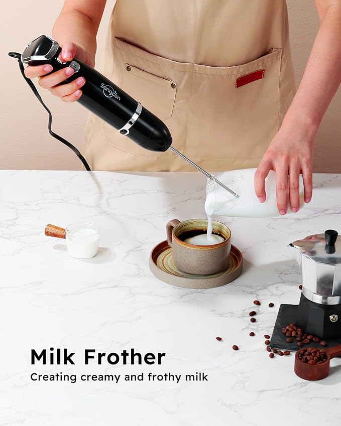 Sangcon 6-in-1 Immersion Blender Handheld, Hand Blender with Chopper & 34oz Blending Cup Storage Base, 2-Speed Adjustable Stick Blender,Stainless Steel Blades, Detachable Blender, Whisk, Milk Frother