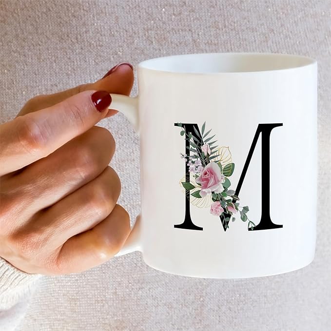 Retreez Initial A-Z Floral Botanical Bouquet Alphabet Monogrammed Monogram Mug 11 Oz Ceramic Tea Coffee Mugs - Appreciation Thank You Wedding Birthday Gifts for her friend coworker sister - M Initial