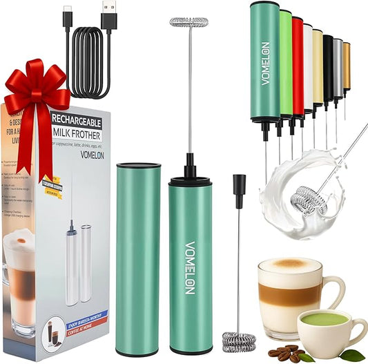 Milk Frother, Rechargeable Battery Operated Frother for Coffee,Portable Drink Mixer with 2 Stainless Steel Whisk Heads,Milk Foamer for Keto Coffee, Latte, Cappuccino, Hot Chocolate,Light Blue
