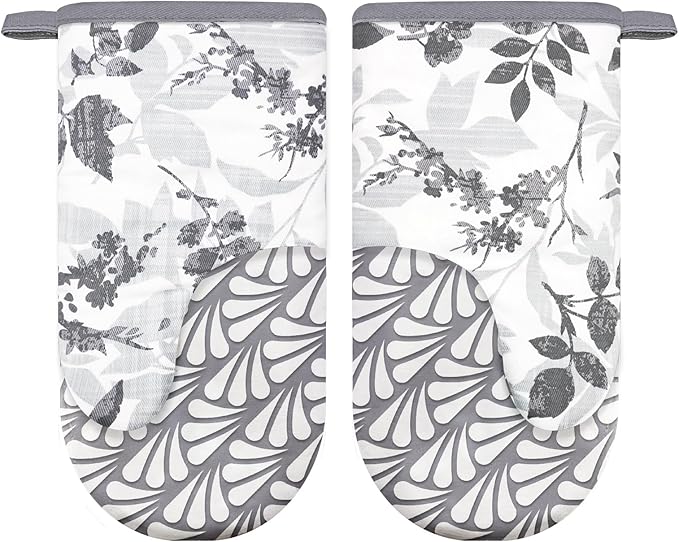 Thumb Oven Mitts, Heat and Slip Resistant Silicone Kitchen Mittens 2-Pack Set, Foliage Textured Flower Soft Long Oven Gloves, Flexible Thick Potholders for Safe Baking Cooking and Gr (Grayish)