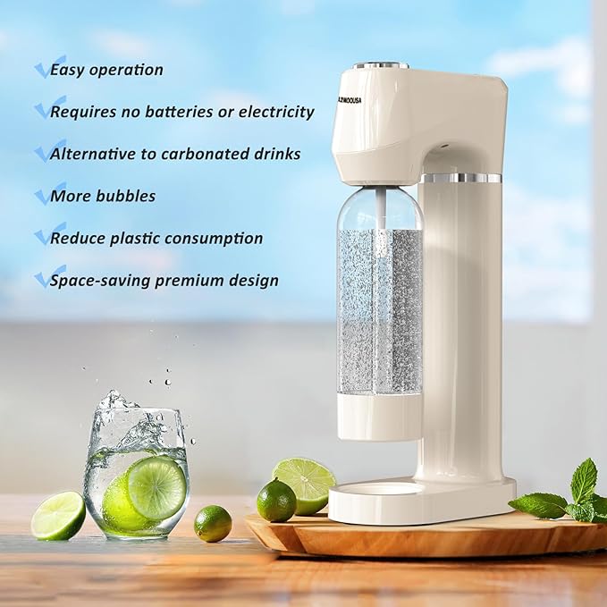 Sparkling Water Maker for Home, Soda Streaming Maker with 2 BPA free Bottles(1L + 0.5L) Carbonated Water Seltzer Fizzy Drink Machine, Compatible with Screw-in 60L CO2 Carbonator(NOT Included) (Cream)