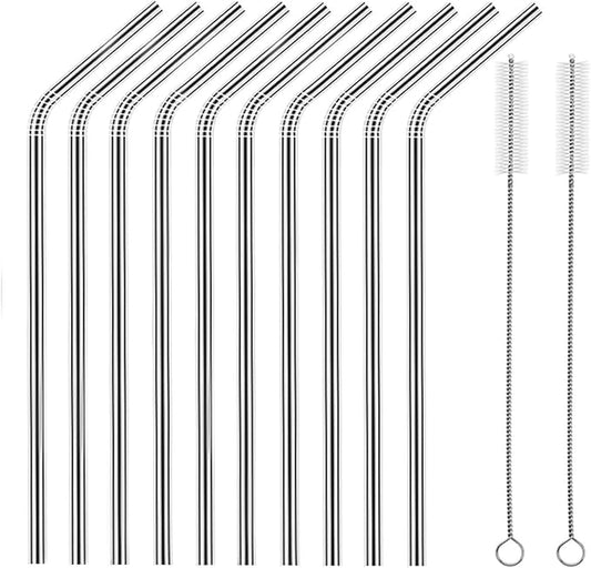 Set of 10 Stainless Steel Straws, HuaQi Bent Reusable Drinking Straws 10.5'' Long 0.24‘’ Dia for 30 oz Tumbler and 20 oz Tumbler, 2 Cleaning Brush Included (10 Bent Staw + 2 Brushes）