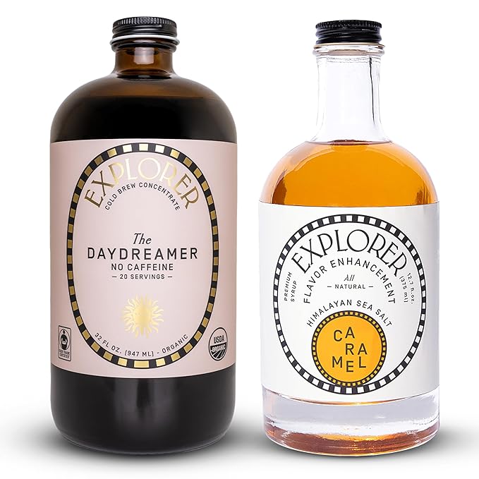 Explorer Cold Brew Decaf Coffee Concentrate & Caramel Syrup Bundle, Gluten Free Instant Liquid Mix, Drink Iced or Hot