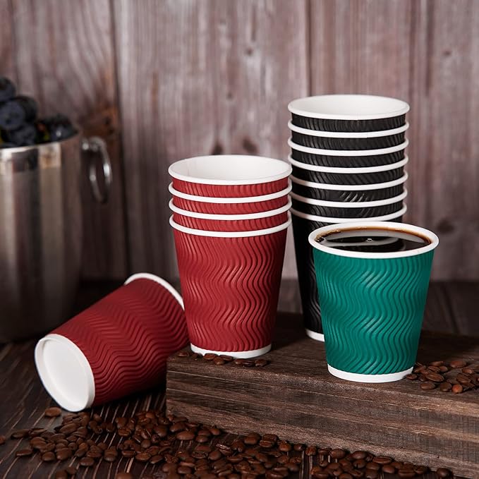 MUCHII 10 oz Insulated Paper Coffee Cups, 120 Count, Multicolor, Disposable, Ripple Design for Hot Drinks