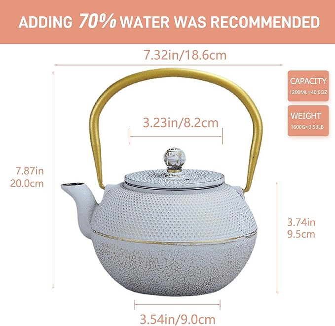 Japanese Tetsubin Cast Iron Teapot Tea Kettle pot with Stainless Steel Infuser for Stovetop Safe Coated with Enameled Interior (White, 1200ml)