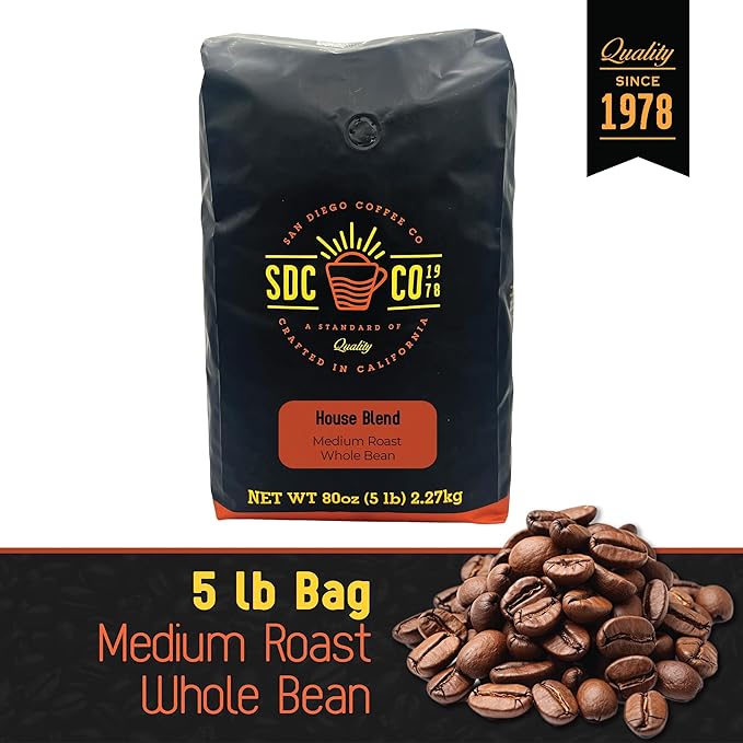 San Diego Coffee Organic House Blend, Medium Roast, Whole Bean Coffee, 5-Pound Bag Café en grano tostado