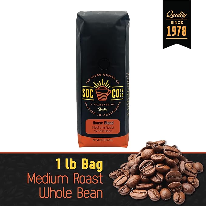 San Diego Coffee Organic House Blend, Medium Roast, Whole Bean Coffee, 16-Ounce Bag Café en grano tostado