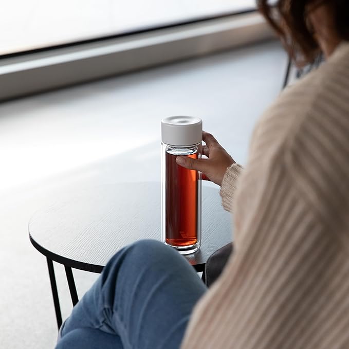 Glass Multi Tea Infuser Bottle 14oz - Double Wall Borosilicate Glass Flask | No Plastic Touches Contents | Perfect for Office or Home - White
