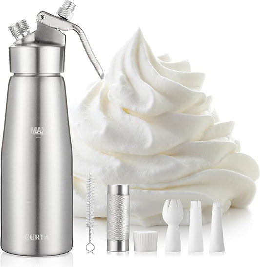 CURTA Professional Whipped Cream Dispenser, Premium Aluminium Cream Whipper, Cream Maker with 3 Decorating Tips, 500ml / 1 Pint Canister, N2O Chargers (Not Included) …
