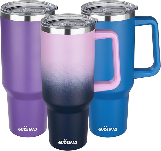 40 oz Insulated Coffee Mug with Ceramic Coating, Stainless Steel Travel Mug Tumbler with Handle Lid and Straw, Double Wall Leak-Proof Coffee Travel Mug Keeps Drink Hot and Cold (Purple Navy)