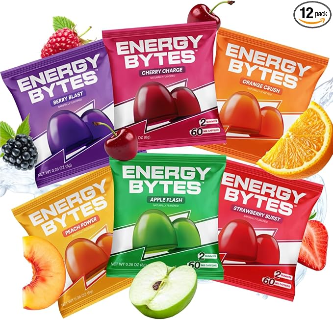Energy Bytes Caffeine Gummies | Instant Energy Chews for Running, Cycling and Sports Performance | Vegan, Low Sugar | Variety Pack (12-Pack)