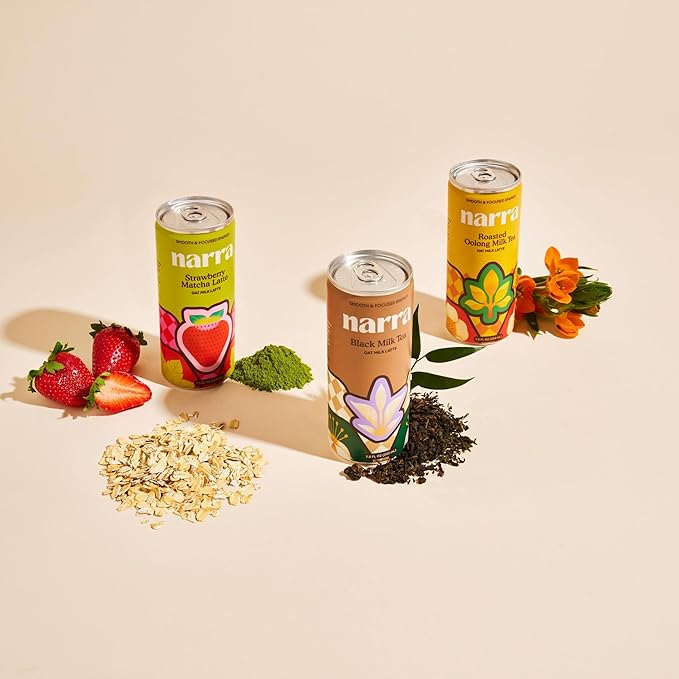 Narra, Oat Milk Tea Latte Variety Pack - Black Tea, Roasted Oolong, Strawberry Matcha, Natural Caffeine & L-Theanine, Organic Oat Milk, MCT Oil, Dairy Free, Non-GMO, 7.5 Fl Oz (6 Pack)