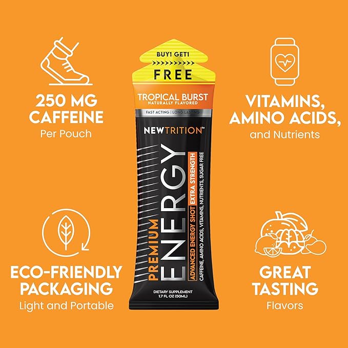 NewTrition® Extra Strength Energy Shots, 250mg Caffeine Energy Shots with Vitamin B & Amino Acids, Sugar-Free Vitamin Energy Shot, 1.7 fl oz (Pack of 24, Tropical Burst)