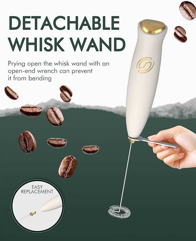 Milk Frother Handheld Frother Wand Drink Mixer Handheld Coffee Stirrers Electric Frother for Coffee Mixer Wand with 2 Whisk frother for protein powder coffee frother handheld-White/Gold
