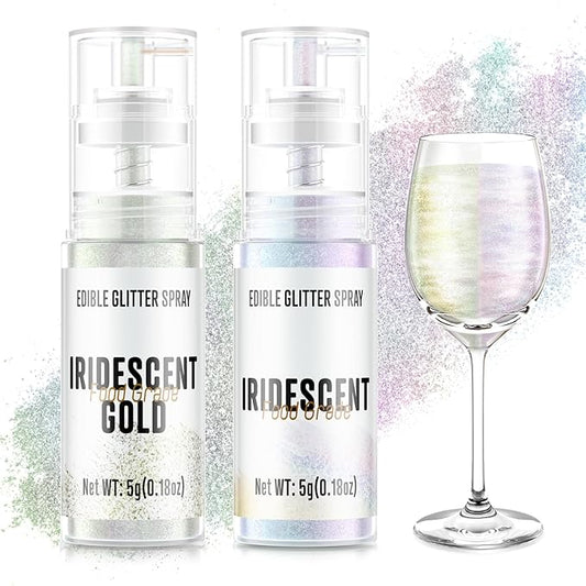 Edible Glitter Spray,2 Colors Iridescent & Iridescent Gold Food Grade Edible Glitter Set for Drink Cake Beverages,Cupcakes,Cake Pops and Cookies Decorating