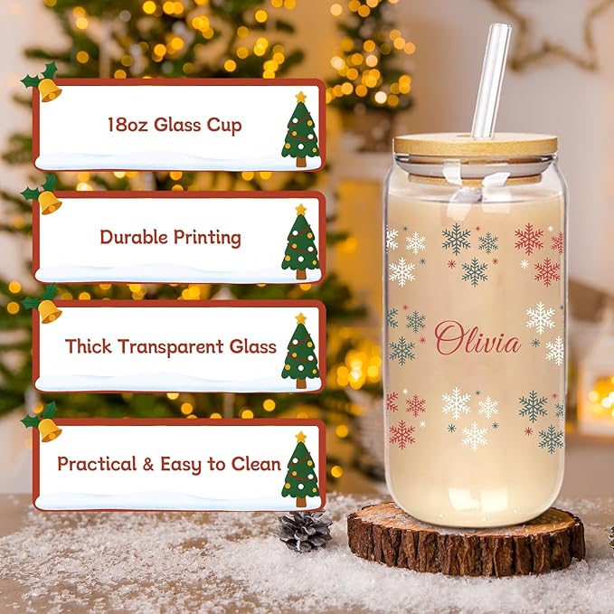Mason Life Personalised Christmas Cup, 18oz Clear Glass Cups with Lids and Straws，Cute Cups for Women，Snowflake Design, Drinking Cup with Bamboo Lids, Christmas Gifts for Men, Women and Friends