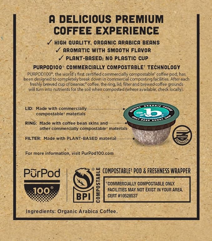 beaniac Organic Daily Dose Donut Shop, Light Roast, Single Serve Compostable K Cup Coffee Pods, Organic Arabica Coffee, Keurig Brewer Compatible, 72 Count