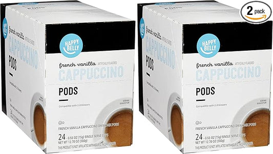 Amazon Brand - Happy Belly Cappuccino Coffee Pods Light Roast Compatible with 2.0 K-Cup Brewers, French Vanilla Flavored, 24 Count, 1.5 pound (Pack of 2)