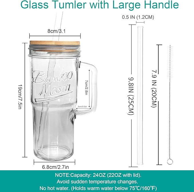 ANOTION Glass Cups with Lids and Straws - 24 oz Tumbler with Handle Halloween Coffee Cups Glass Straws Mason Jar Cups Drinking Set Kitchen Essentials Coffee Bar House Warming Gifts New Home